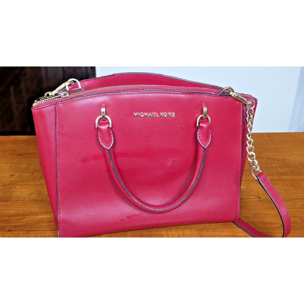 Michael Kors Ellis Ladies Large Leather Satchel Handbag Scarlet Red / Gold